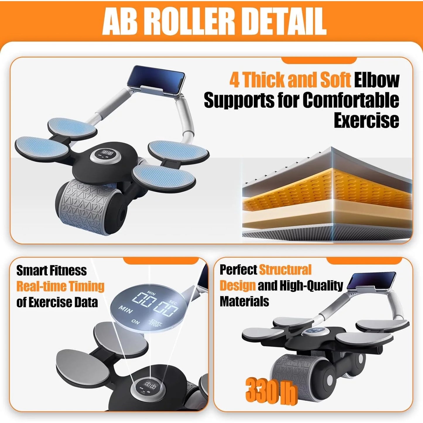 New with Timer Ab Abdominal Exercise Roller with 4 Elbow Supports, Abs Roller Wheel Core Exercise Equipment, Automatic Rebound Abdominal Wheel